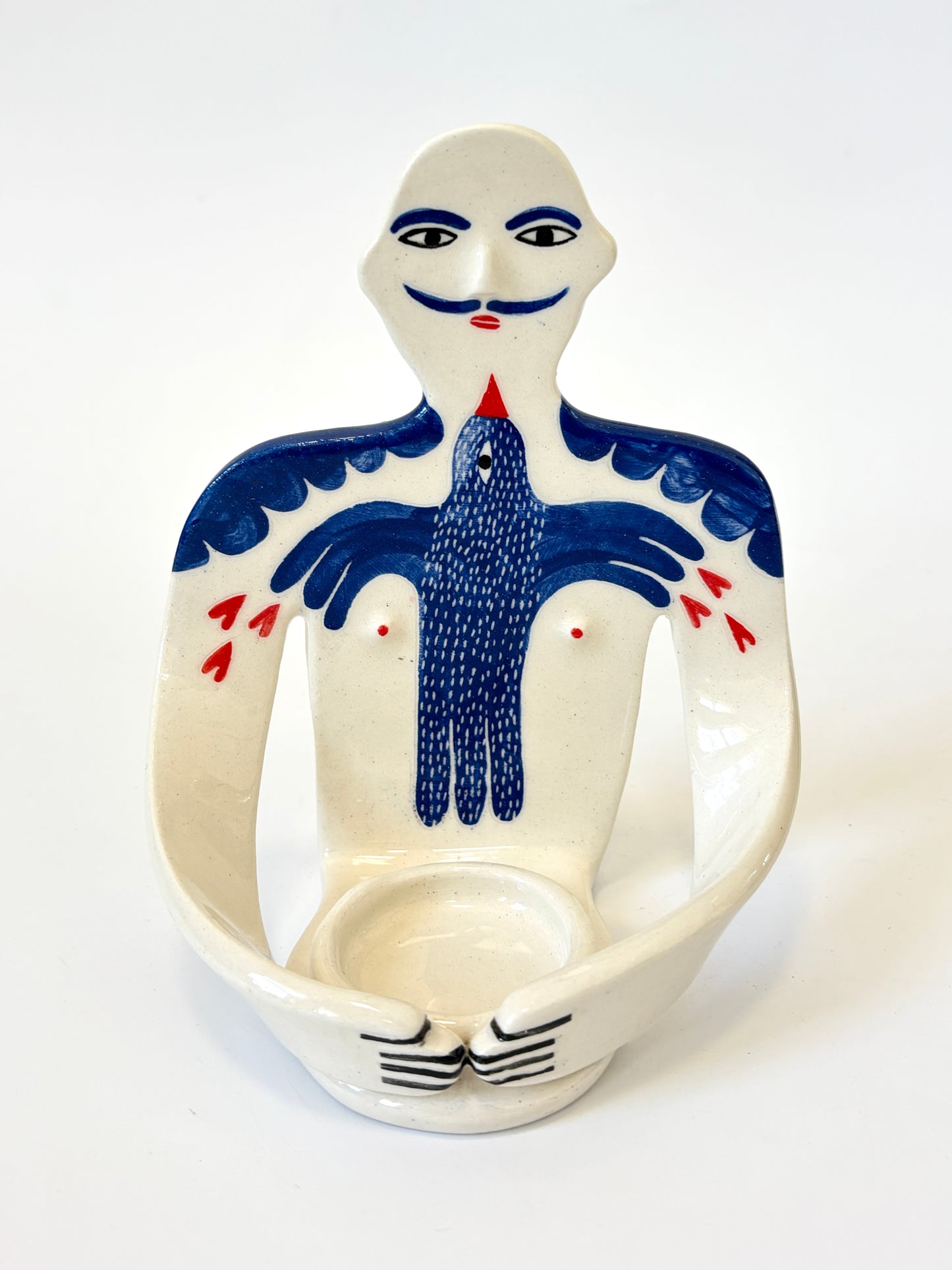 Moustache Guy with a bird Full Body Candle Person - Ceramic candle holder by Studio Soph