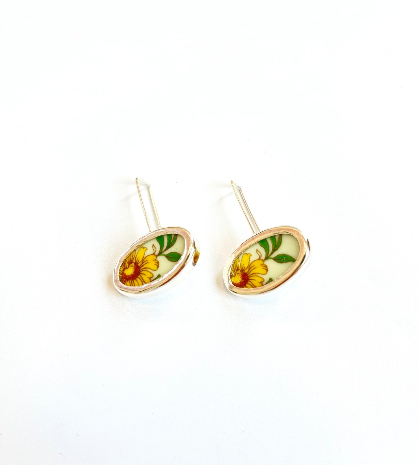 Repurposed Pale Green Floral Colclough Bone China Ceramic & Silver Oval Earrings (#2426)