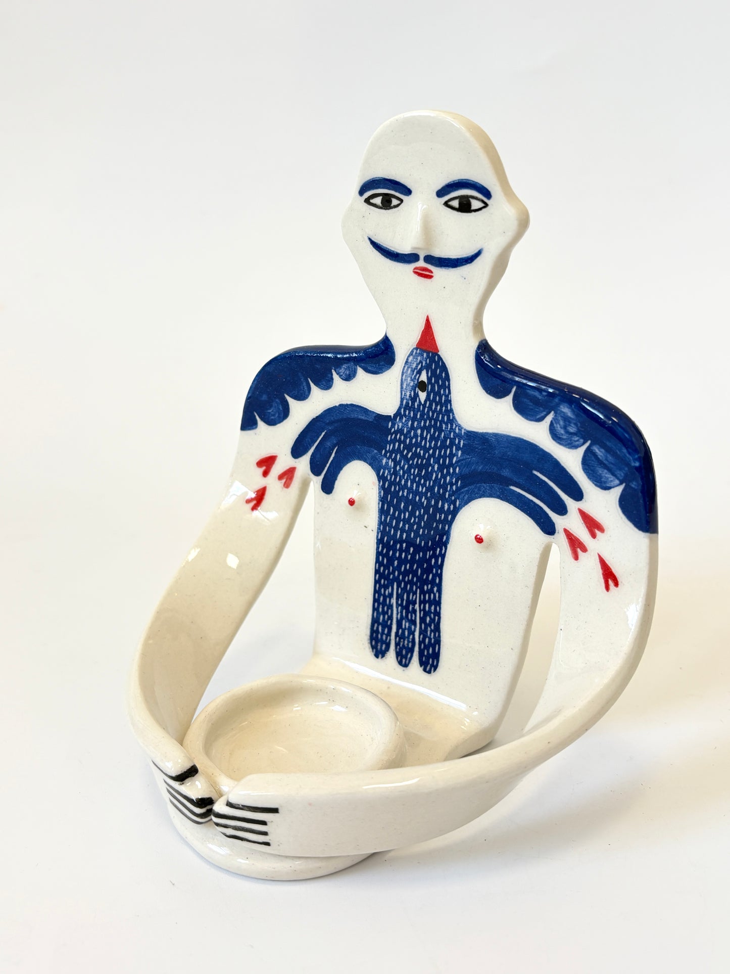 Moustache Guy with a bird Full Body Candle Person - Ceramic candle holder by Studio Soph
