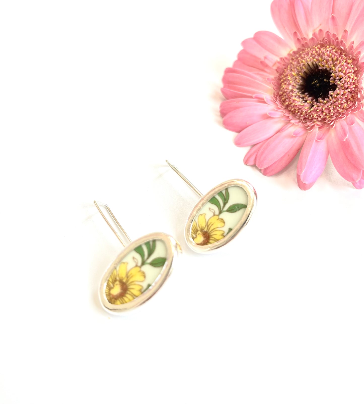 Repurposed Pale Green Floral Colclough Bone China Ceramic & Silver Oval Earrings (#2426)