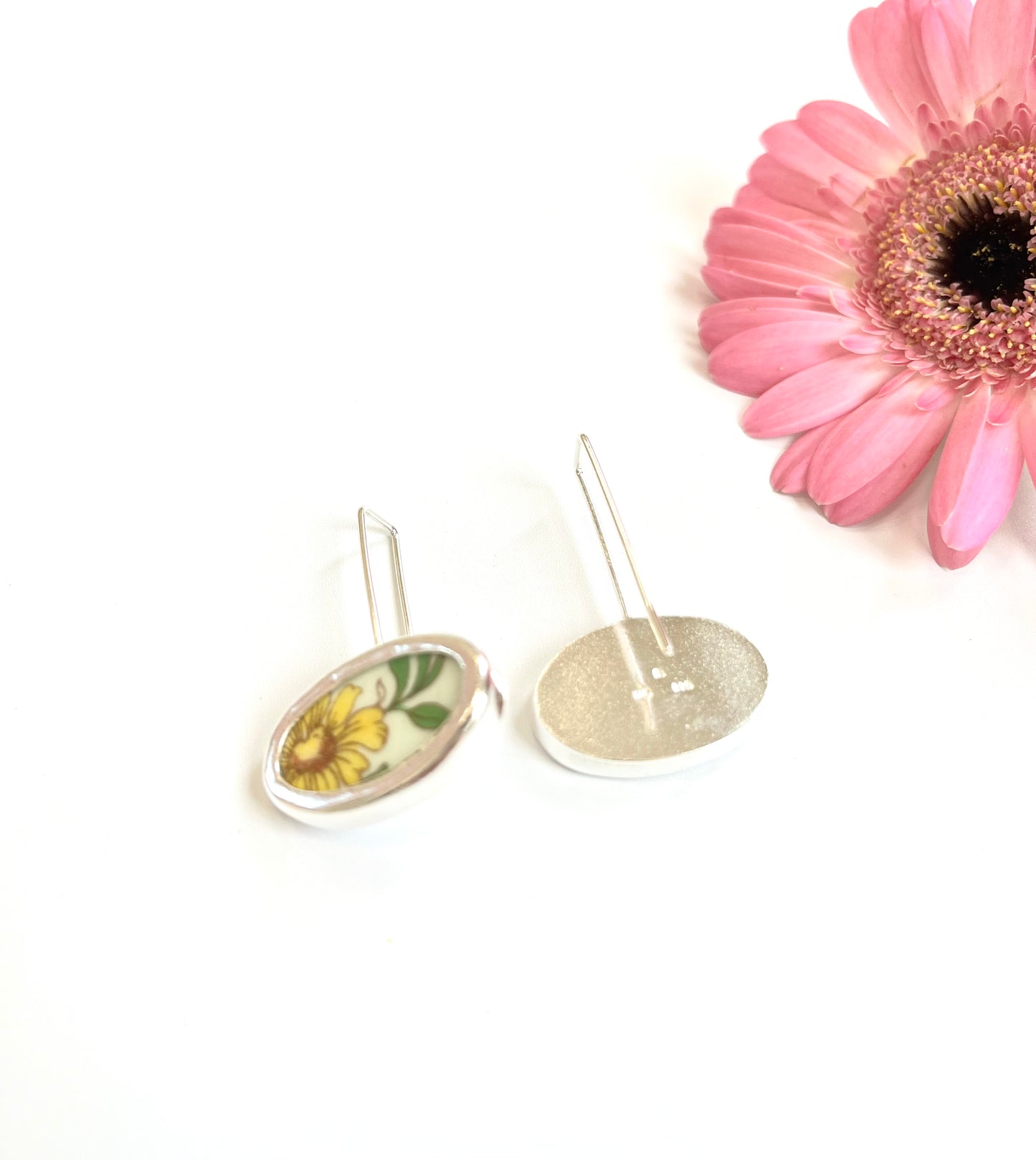 Repurposed Pale Green Floral Colclough Bone China Ceramic & Silver Oval Earrings (#2426)