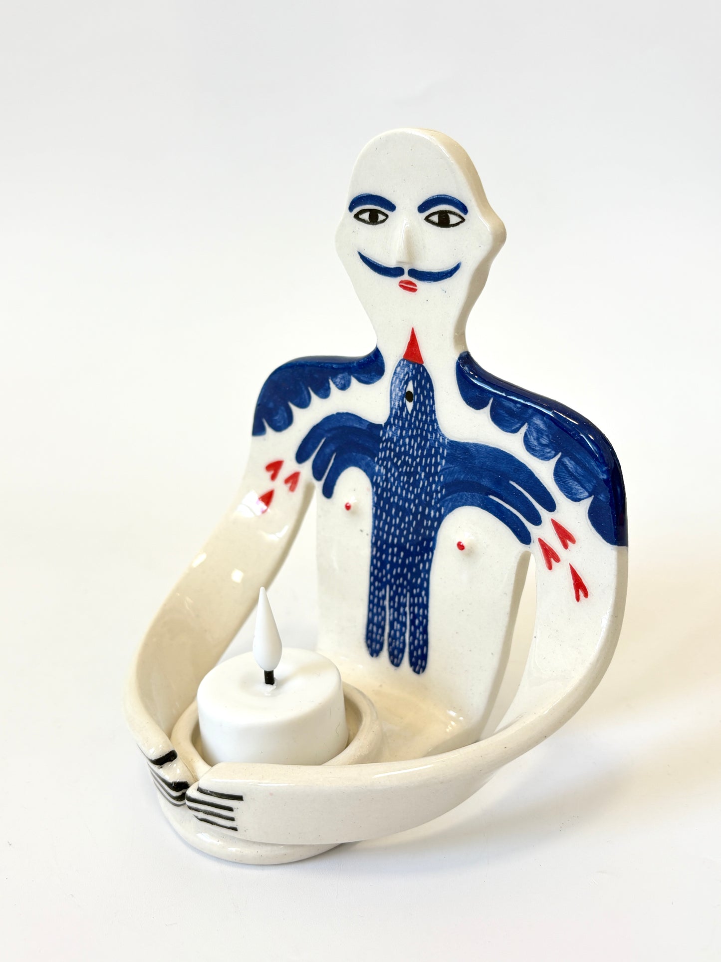Moustache Guy with a bird Full Body Candle Person - Ceramic candle holder by Studio Soph