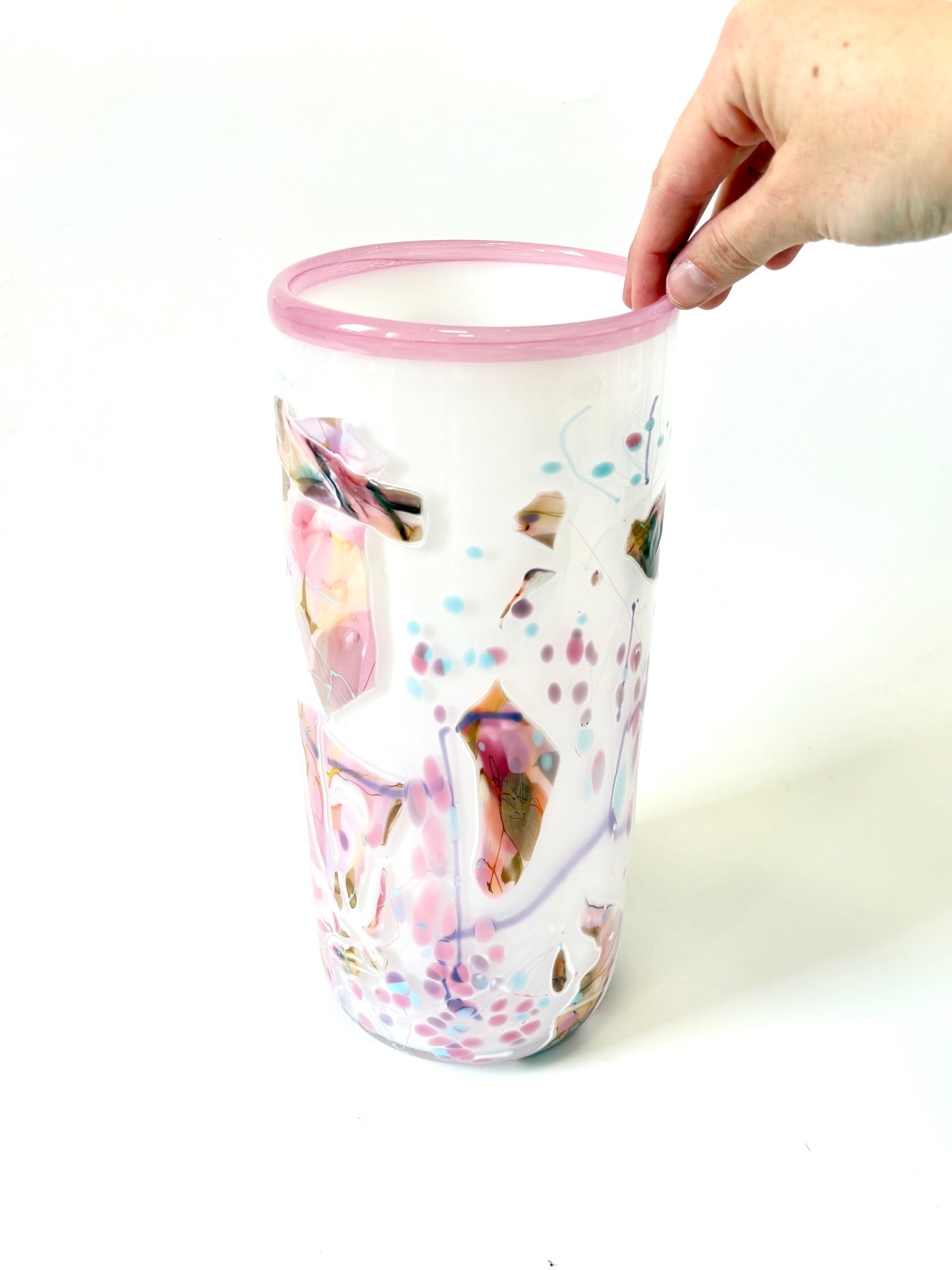 White with Pinks Handblown Glass Cylinder 'Shard; Vase - by Grinter Glass