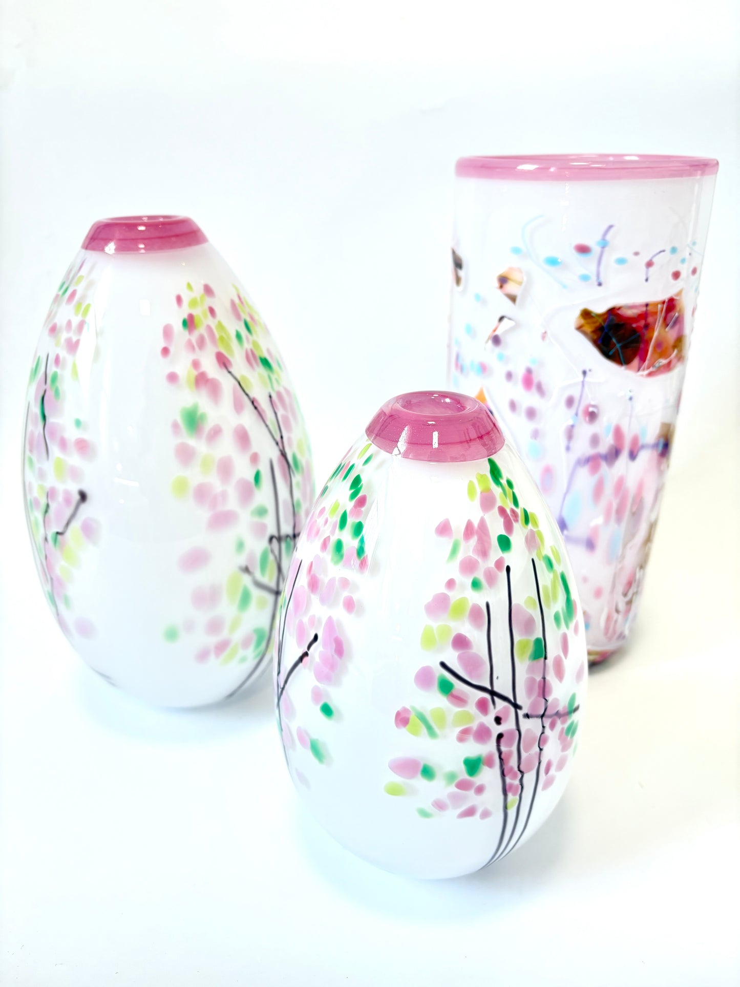 White with Pinks Handblown Glass Cylinder 'Shard; Vase - by Grinter Glass