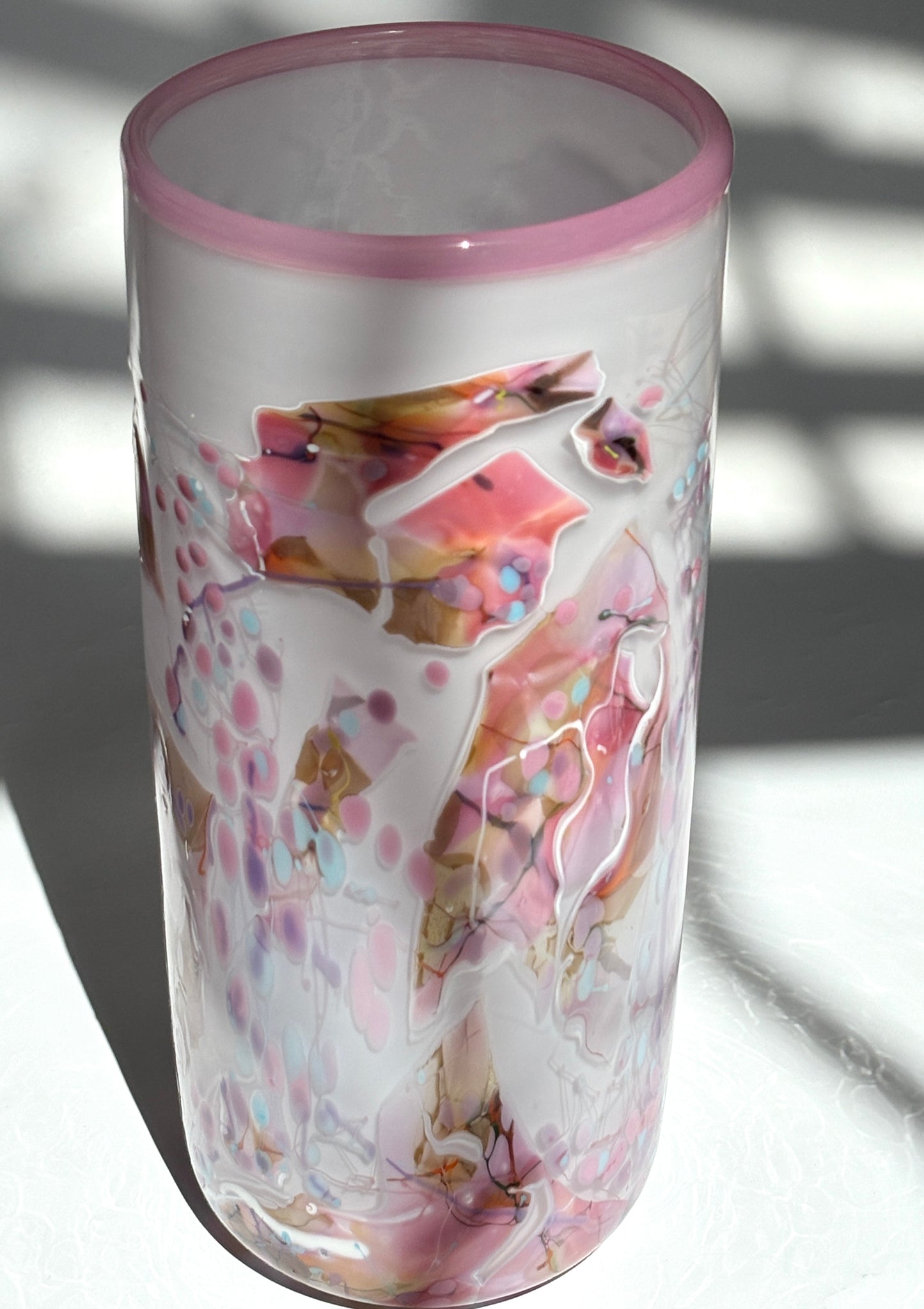 White with Pinks Handblown Glass Cylinder 'Shard; Vase - by Grinter Glass