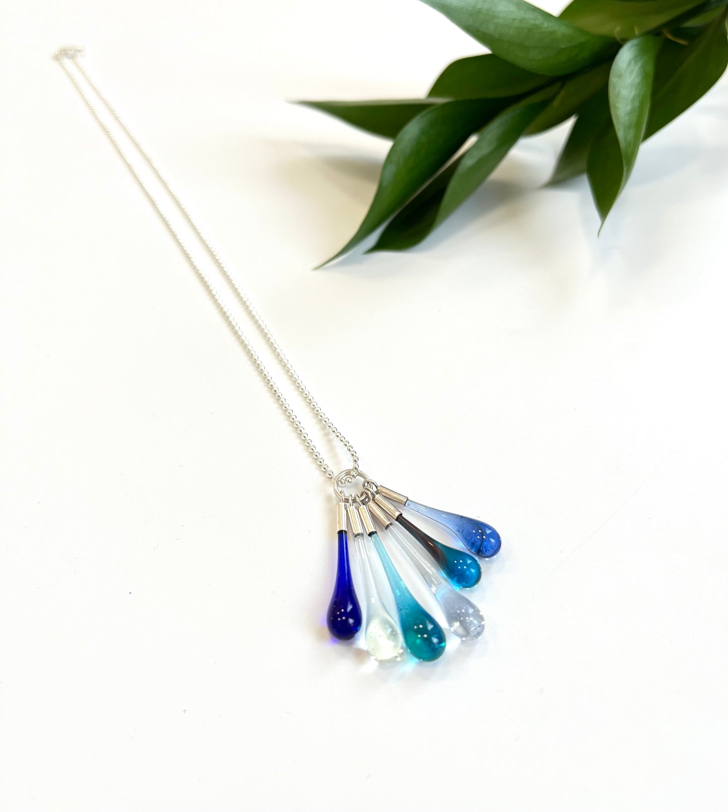 Glass Teardrop Cluster Necklace - Blues