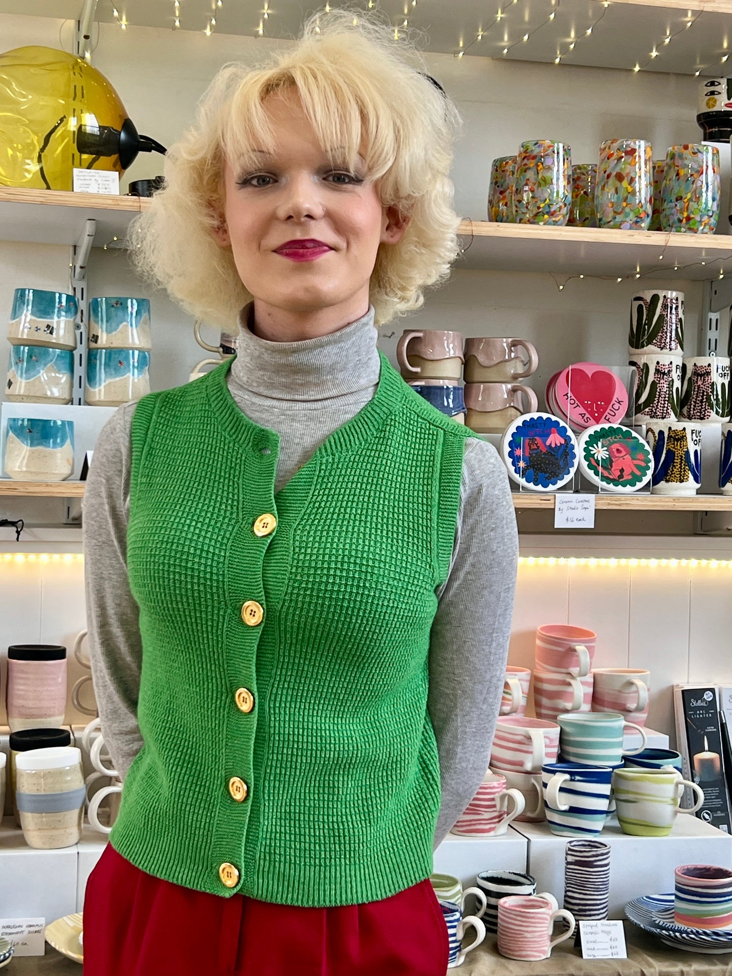 Cherry Red 'Hepburn' Button Vest - Textured Cotton/Merino