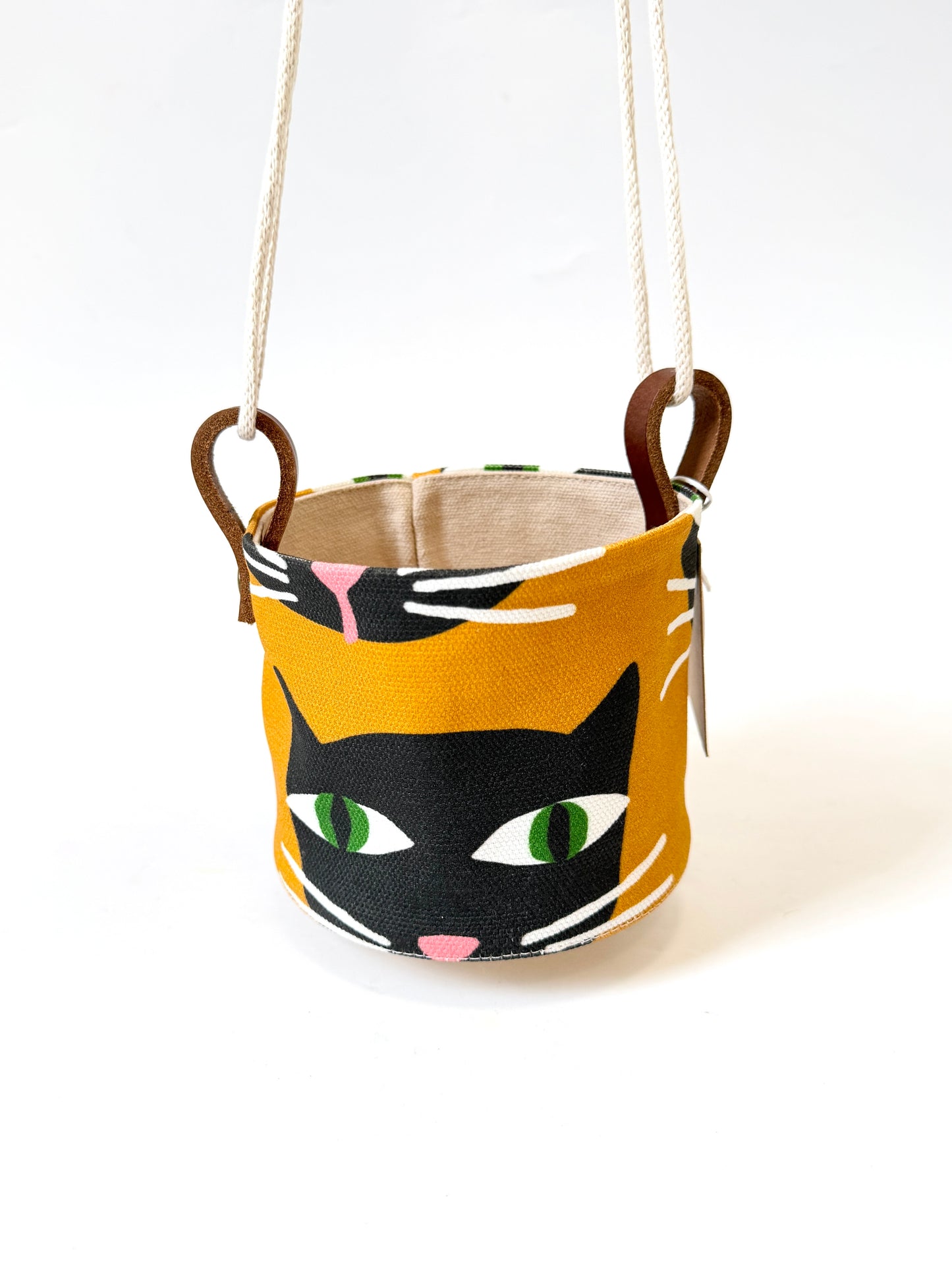 Hanging Canvas Planter - Mustard with Black Cats