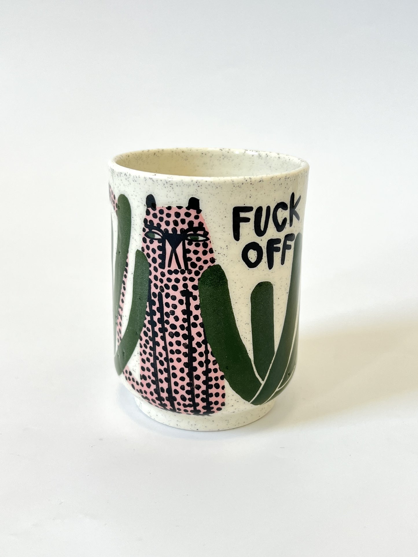 Ceramic Cup by Studio Soph - "FUCK OFF" Pink Cheetah / Green Leaves