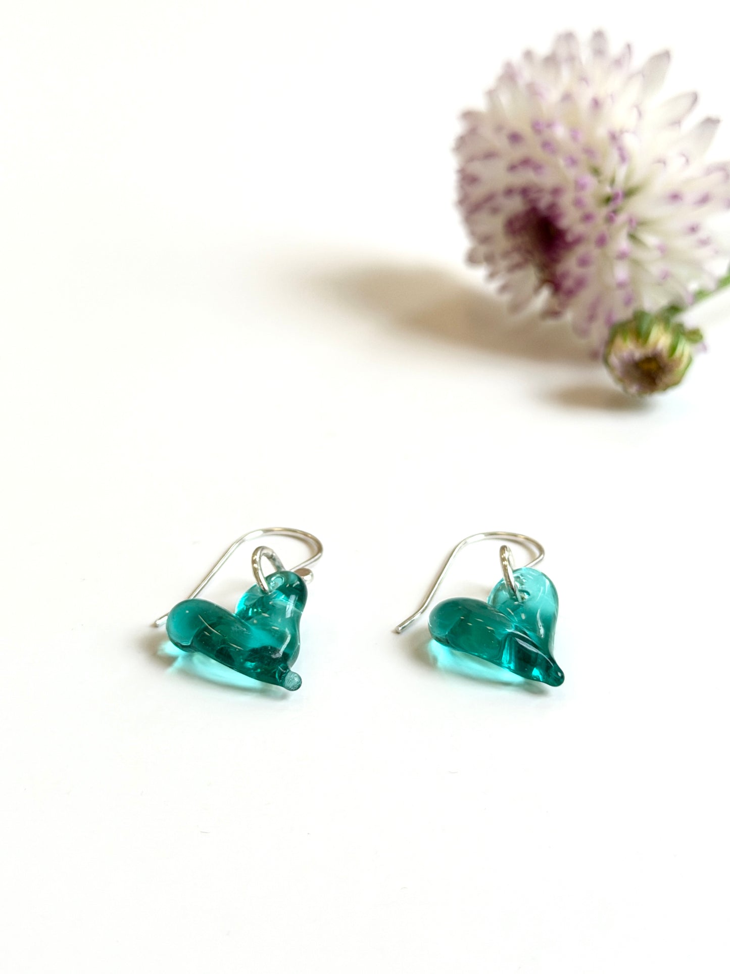 Glass Heart Hook Earrings - Teal