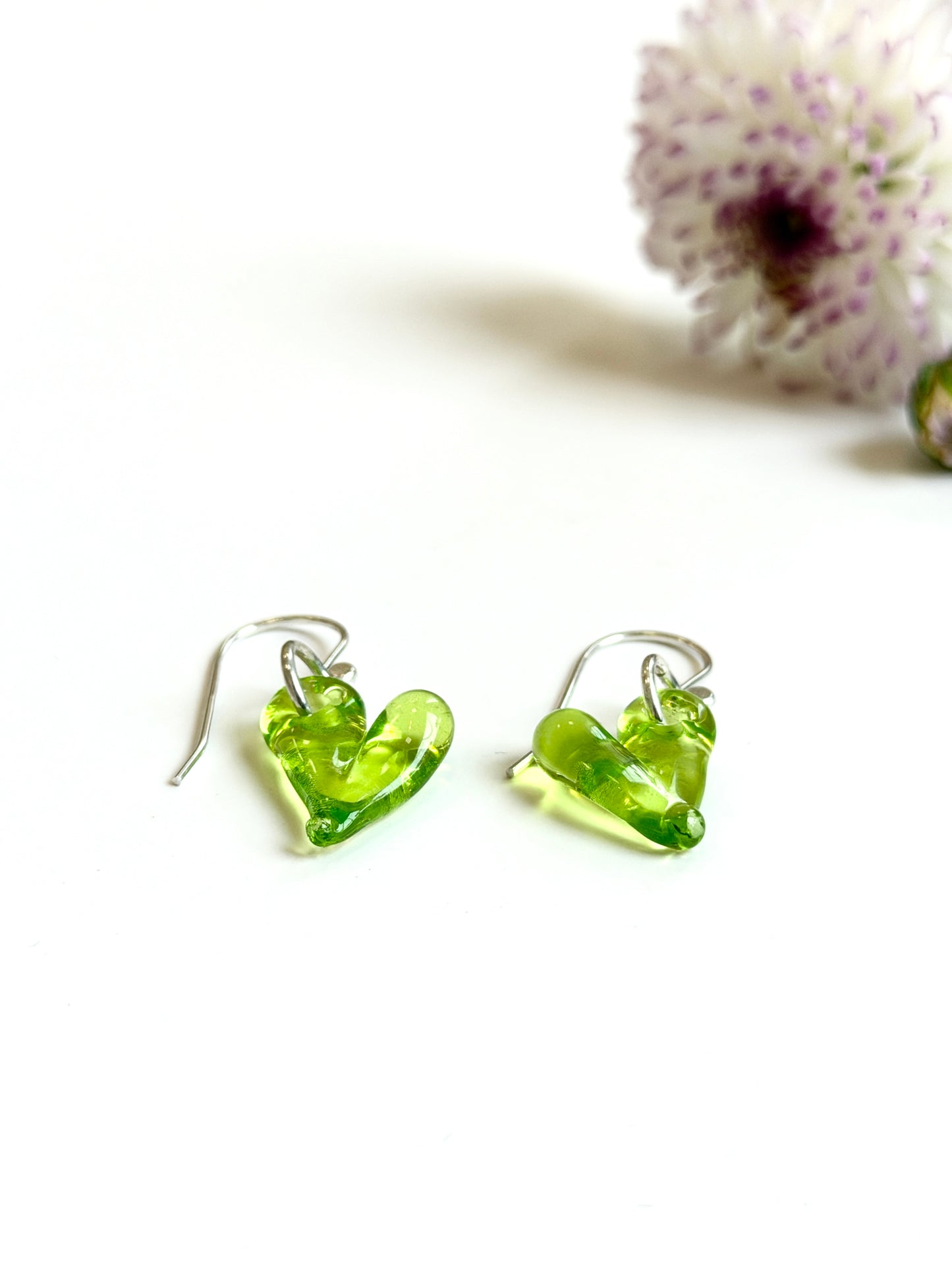 Glass Heart Hook Earrings - Peridot