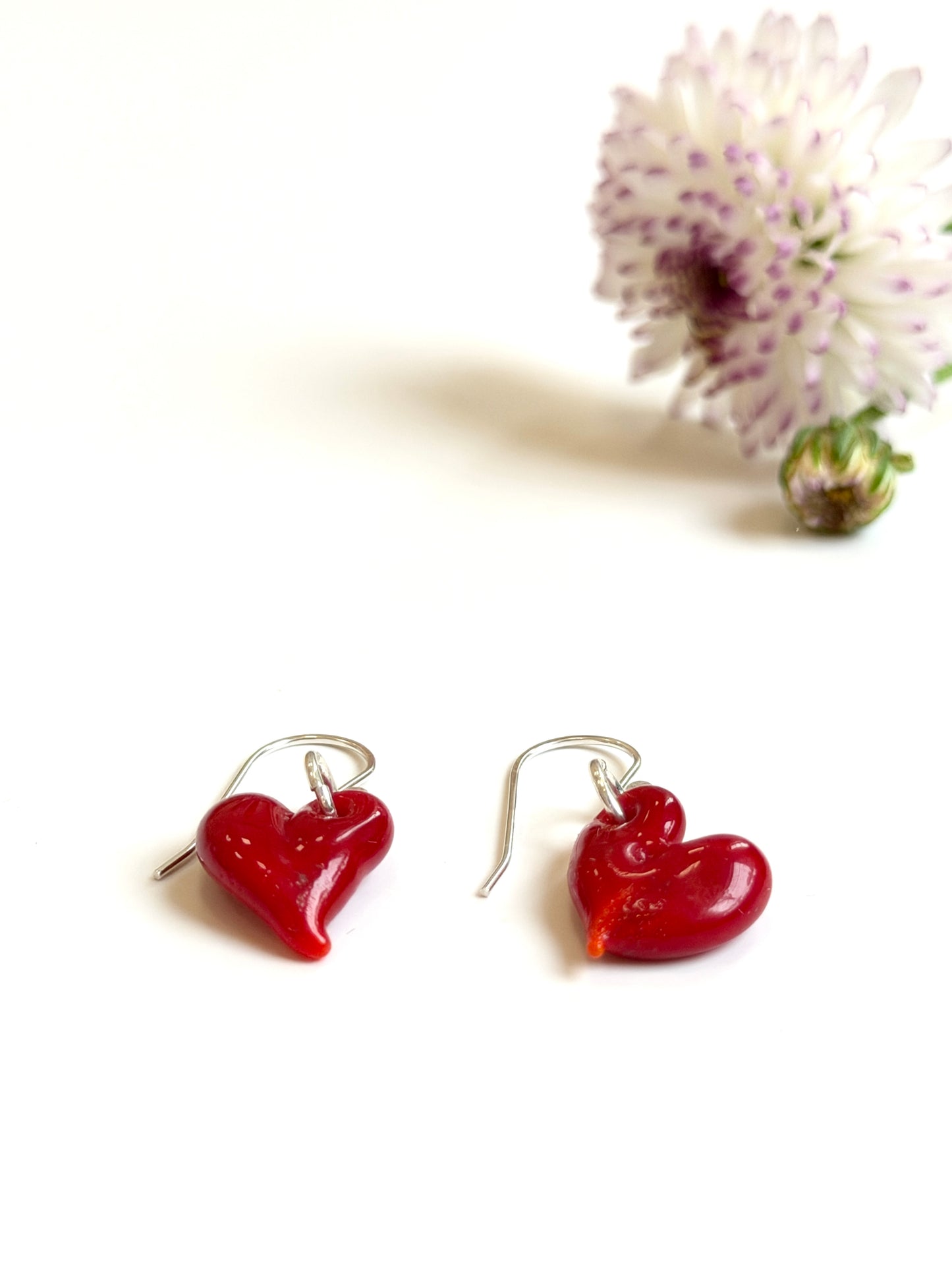 Glass Heart Hook Earrings - Red