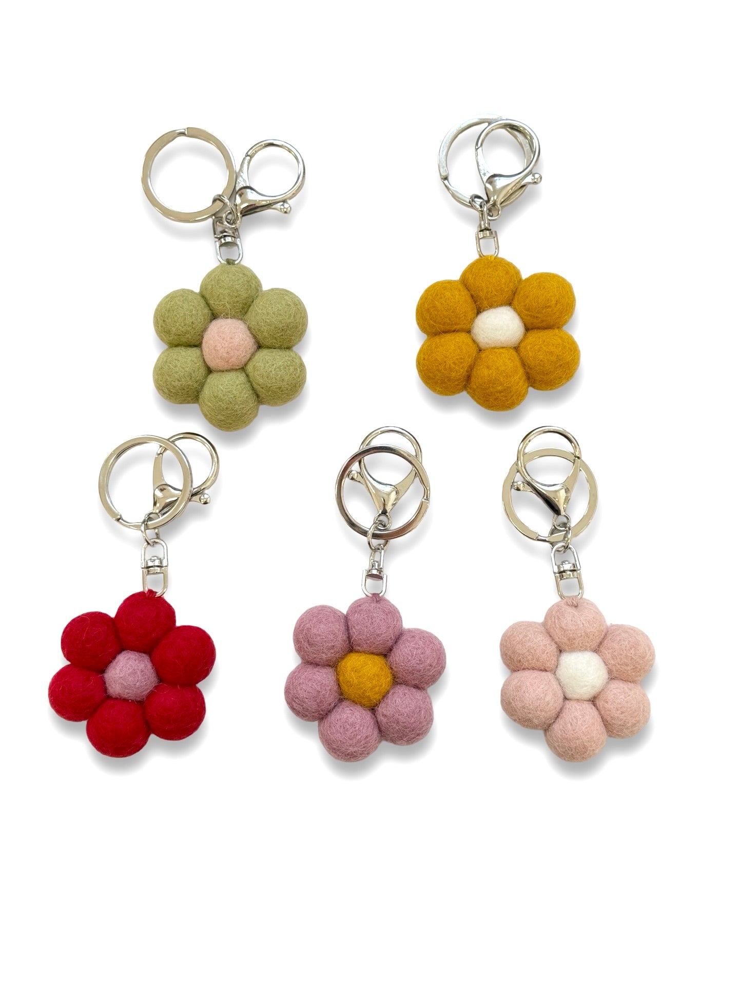 Pink/Mustard Daisy Felted Wool Keyring/Clip
