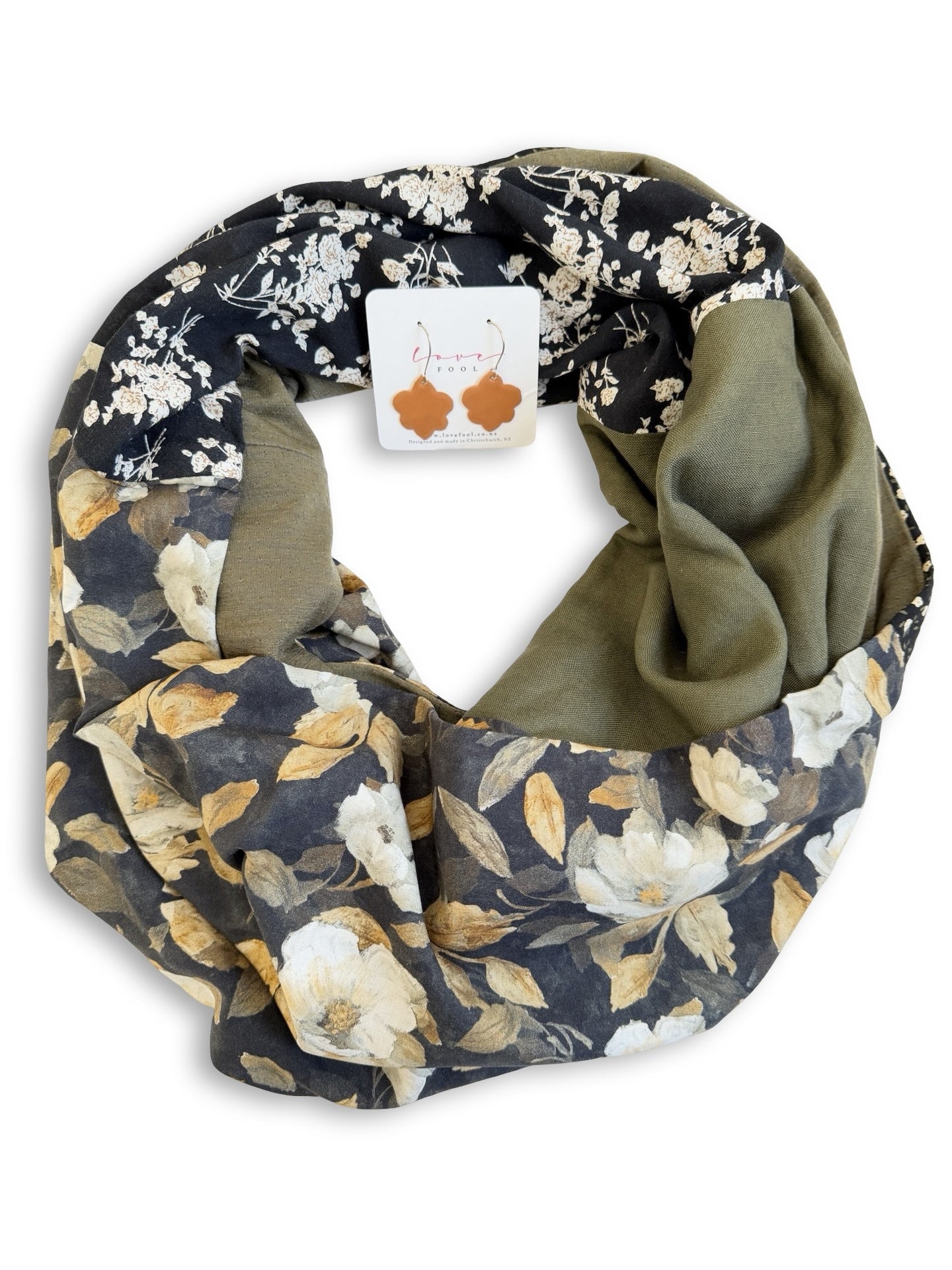 Infinity Scarf - Vintage Camellias / Khaki Green