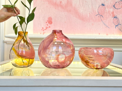 Handblown Glass Teardrop Vase - Pink & Yellow Marble #1
