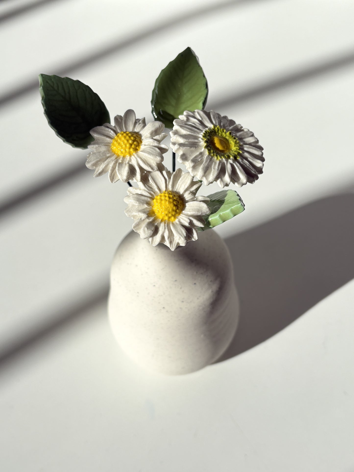 Ceramic Bud Vase with White Flowers & Leaves