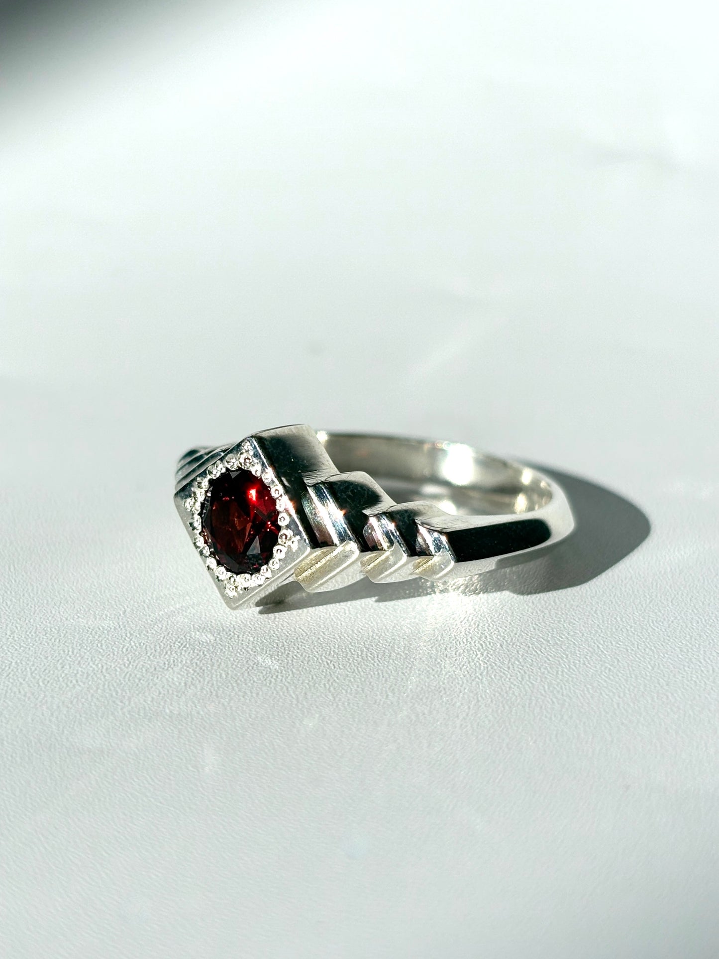 Temple Ring, Sterling Silver & Garnet: Size Q 3/4