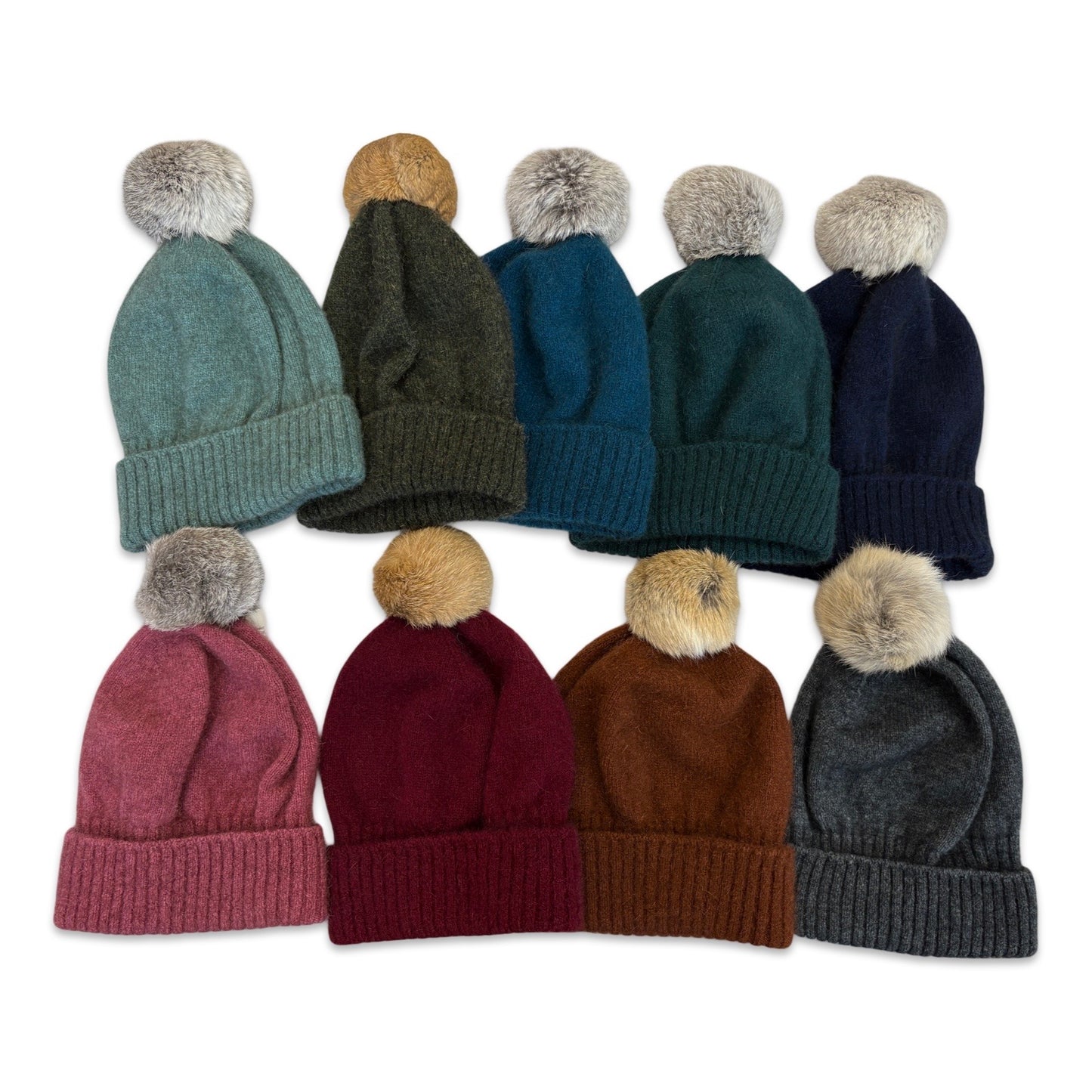 Possum Merino Turn Back Beanie with Rabbit Fur Pompom - Charcoal