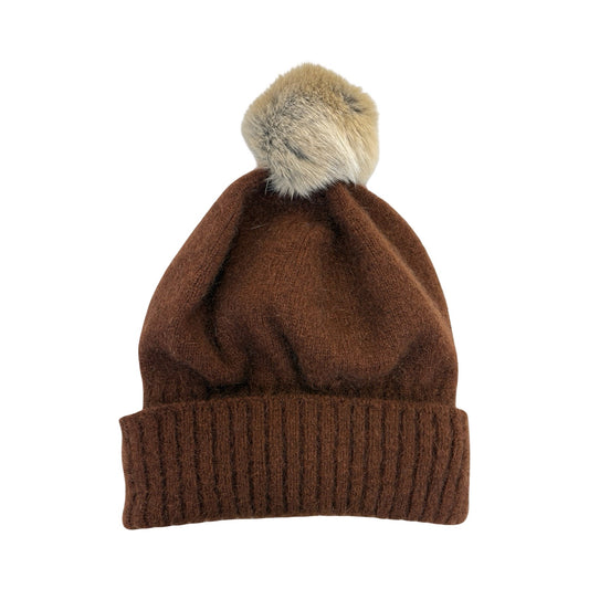 Possum Merino Turn Back Beanie with Rabbit Fur Pompom - Russet