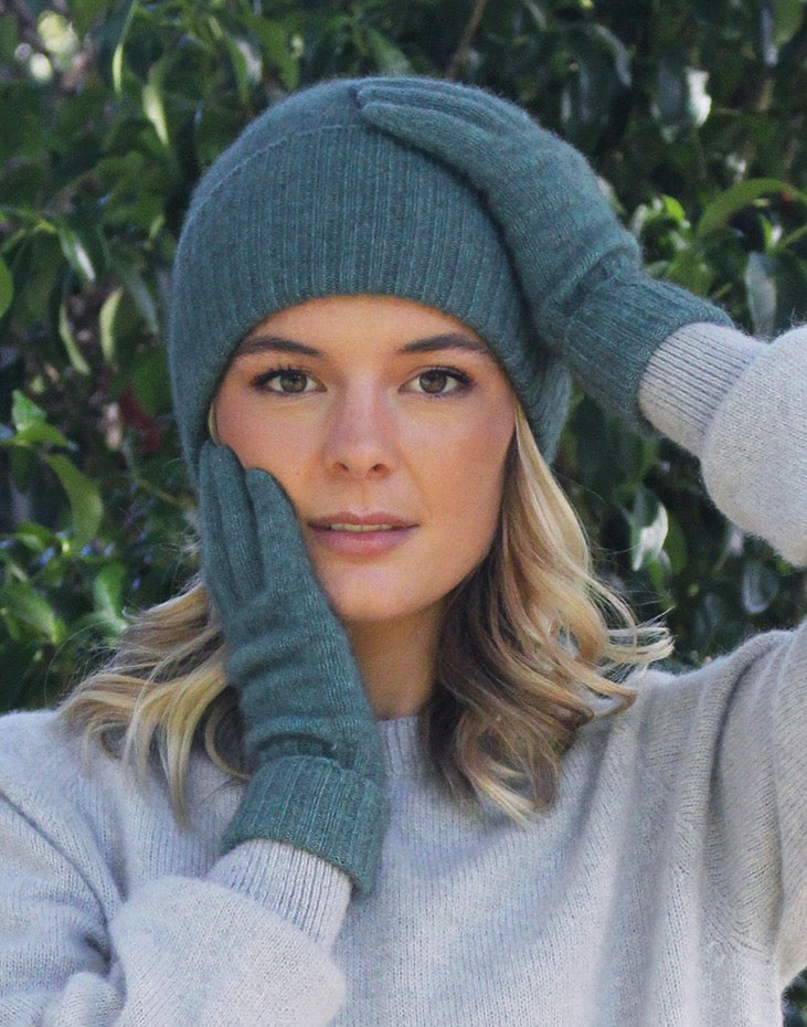 Possum Merino Turn Back Beanie with Rabbit Fur Pompom - Sage
