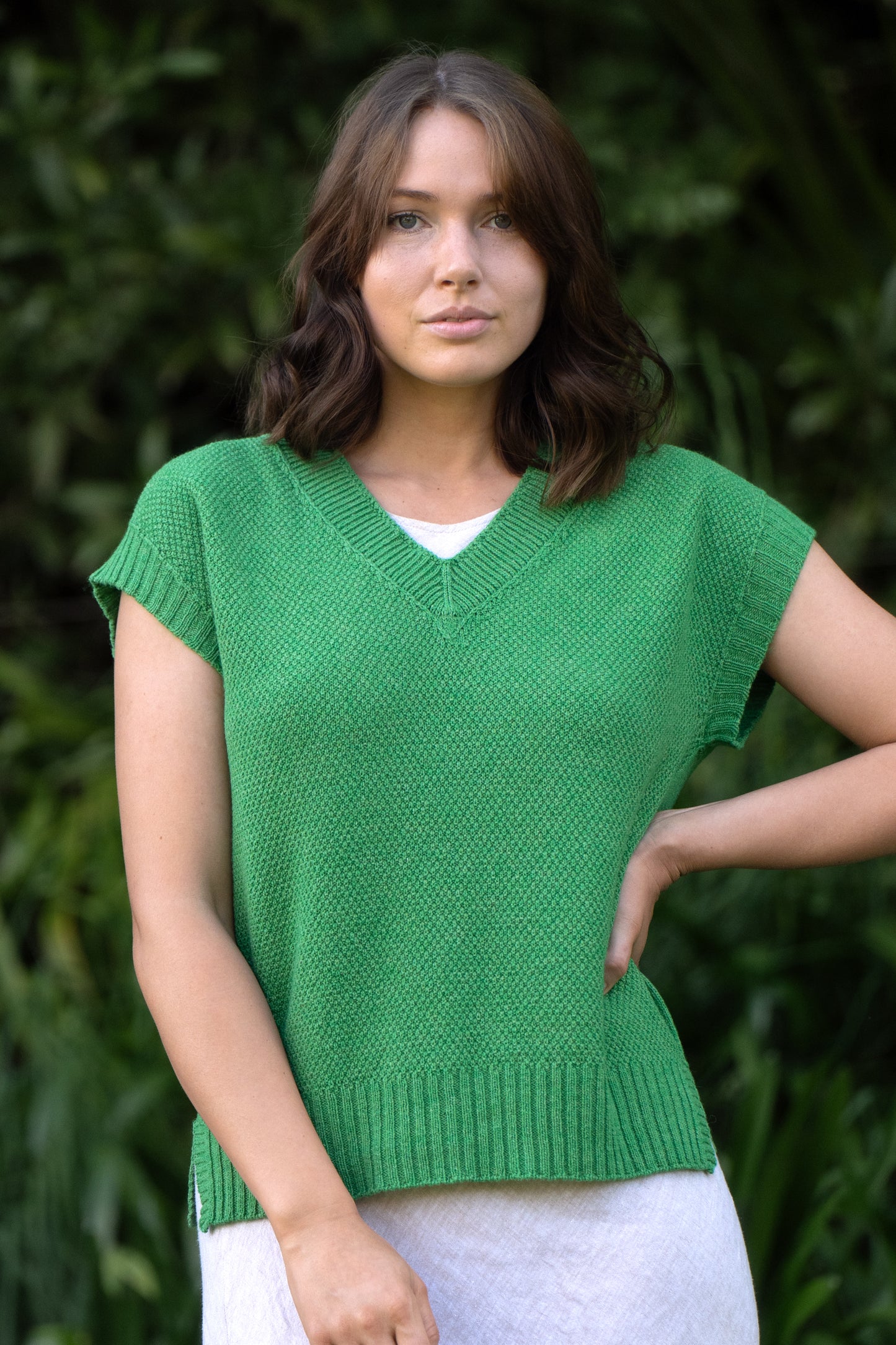 Evie Textured Cotton/Merino Vest - Kelly Green