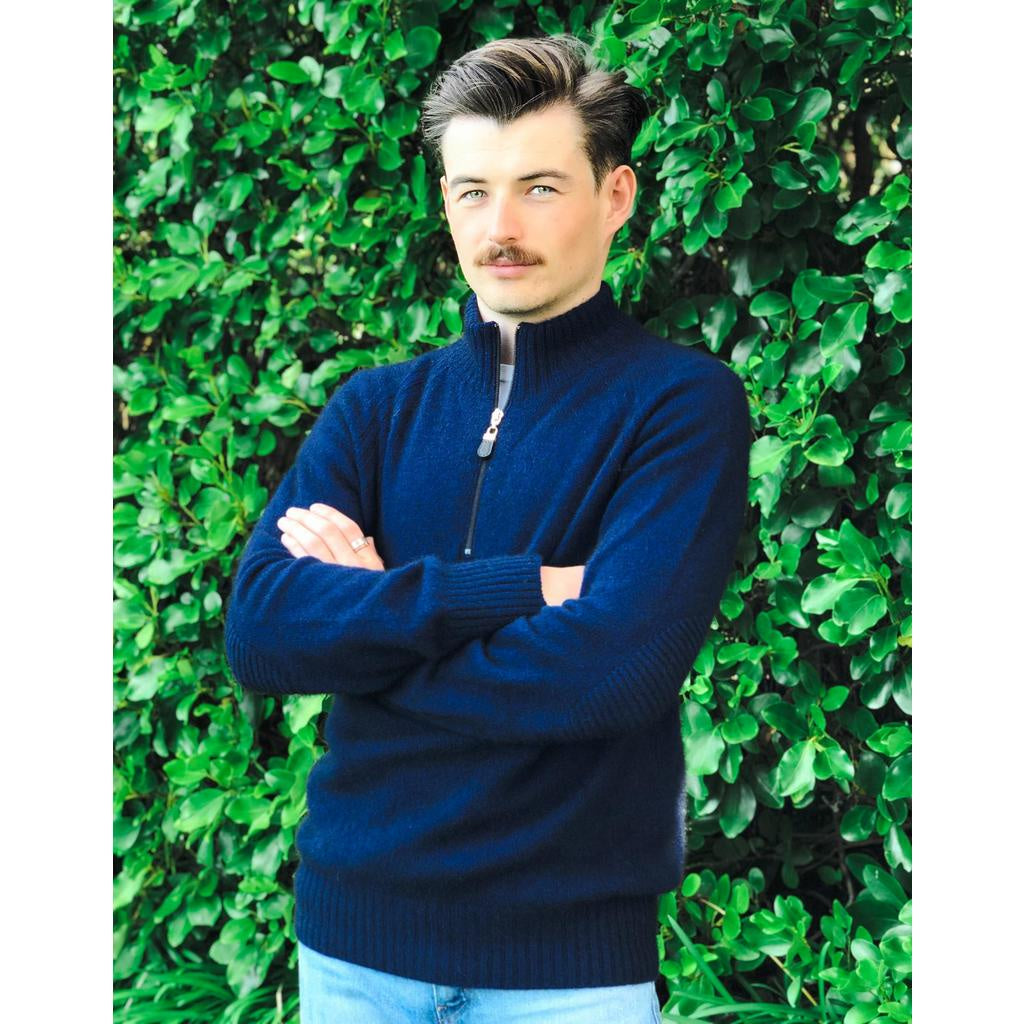 Men's 1/4 Zip Possum Merino Patch Jumper - Midnight Blue