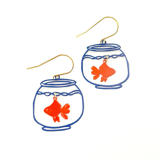 Goldfish Bowl Dangle Earrings - Blue / Orange