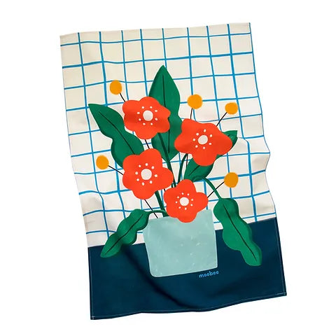 Illustrated Cotton Tea Towel - Orange Flowers