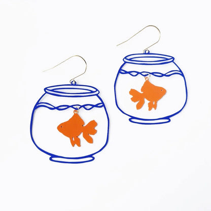 Goldfish Bowl Dangle Earrings - Blue / Orange