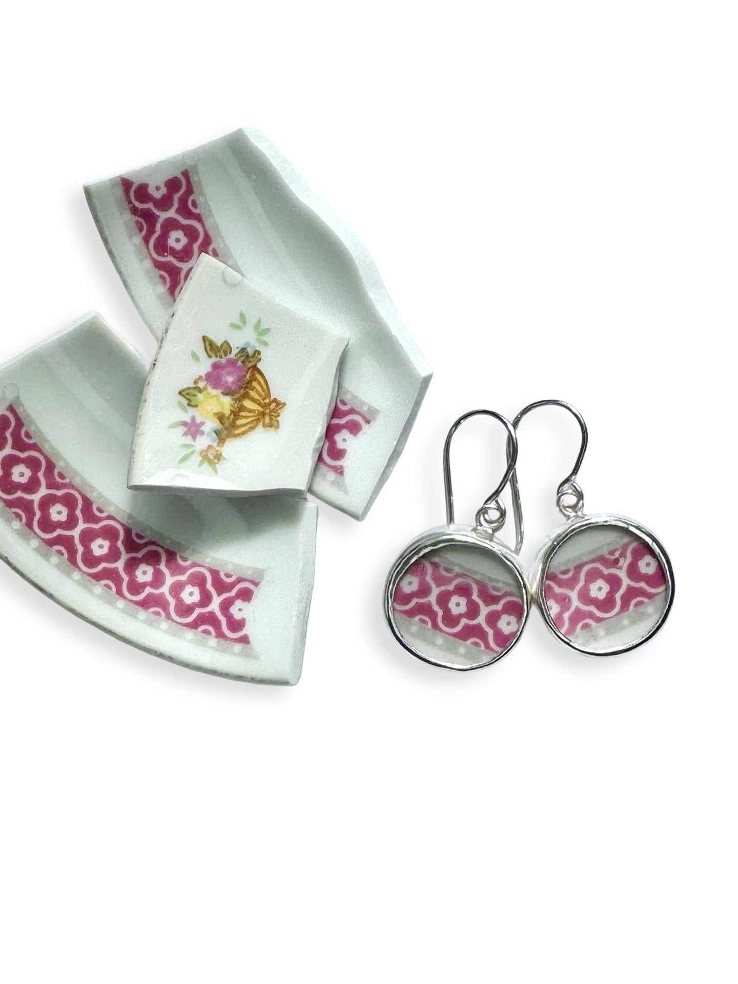 Repurposed "Pink Paseo" China & Sterling Silver Earrings (#2529)