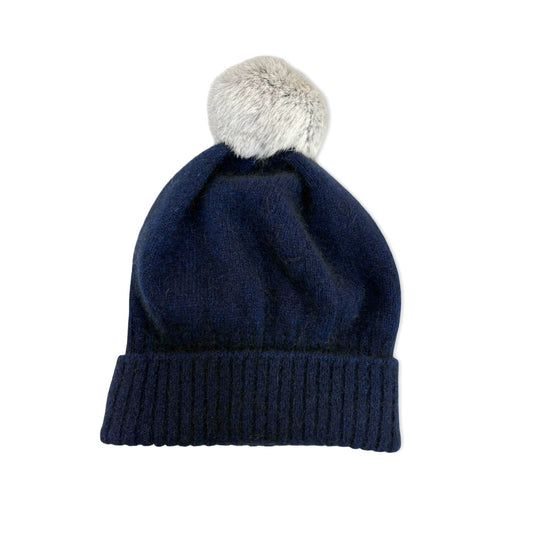 Possum Merino Turn Back Beanie with Rabbit Fur Pompom - Midnight Blue