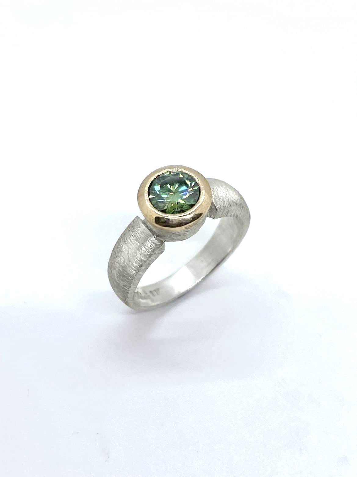 Blue/Green Moissanite, textured silver ring