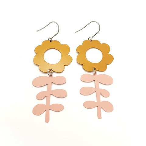 Mustard + Fairy Floss Flower Dangle Earrings