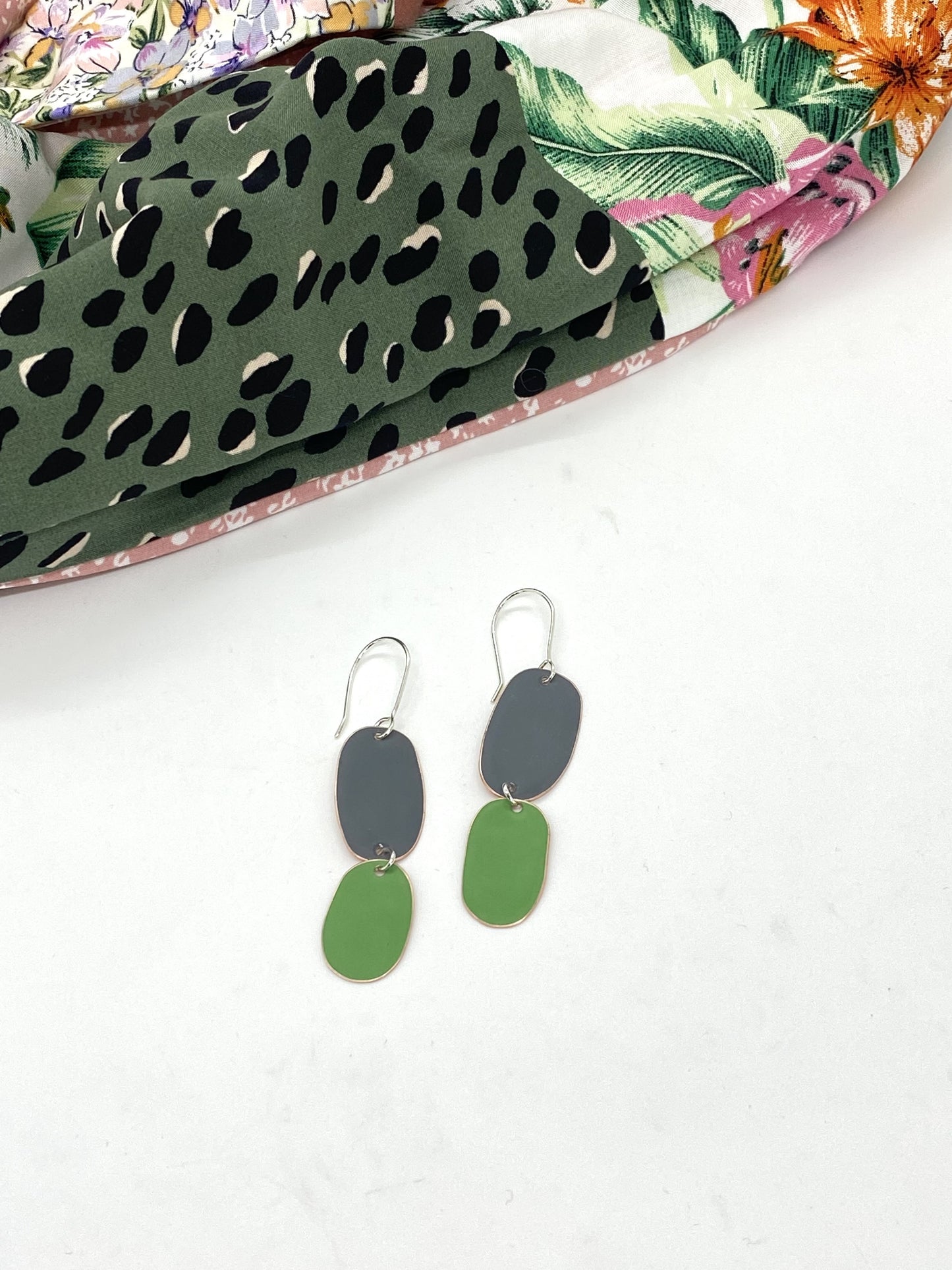 Double Drop Earrings - Dark Grey, Spring Green