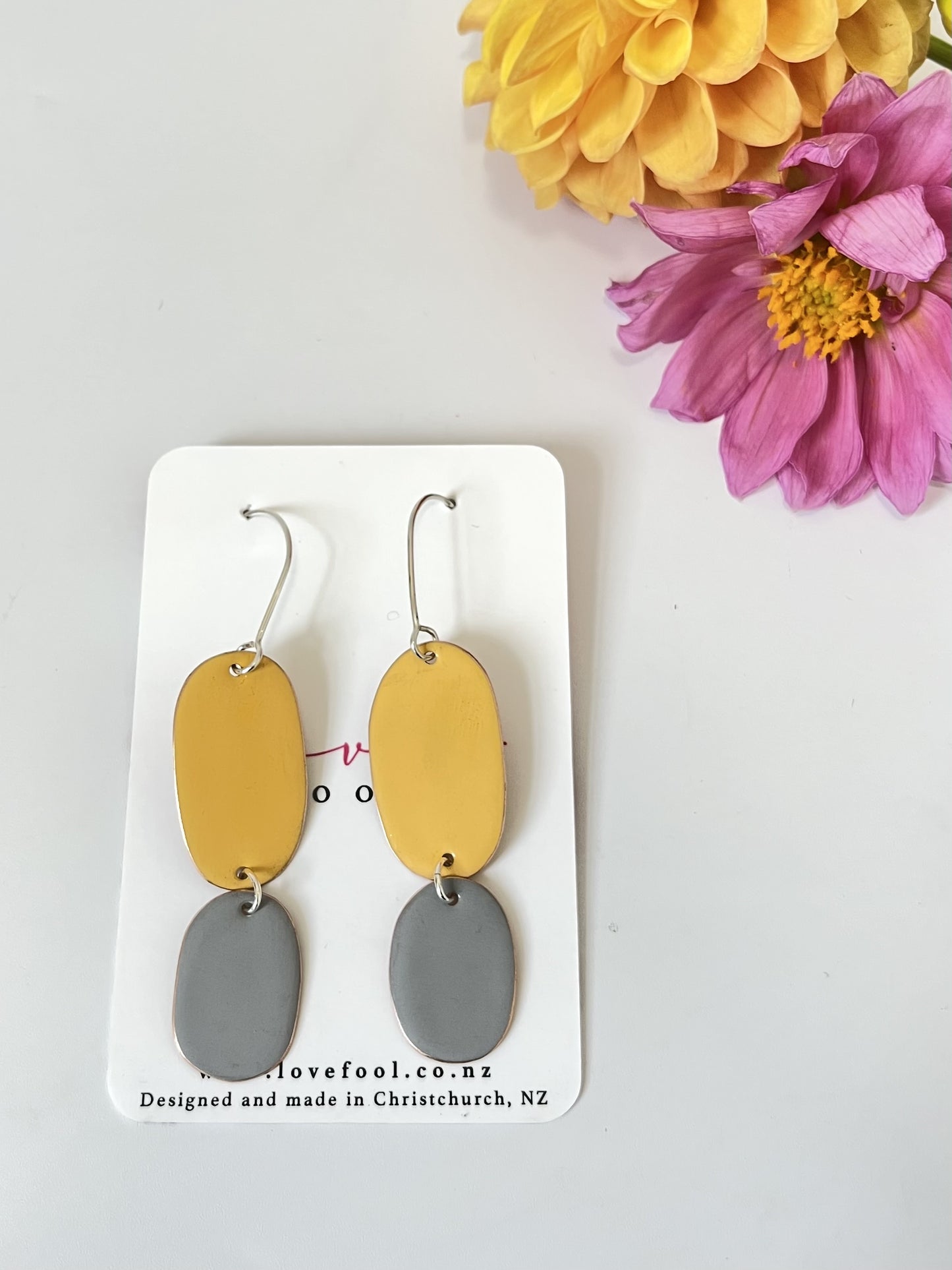 Double Drop Earrings - Mustard / Light Grey