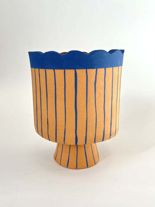 Scalloped Terracotta & Blue Vase/Planter