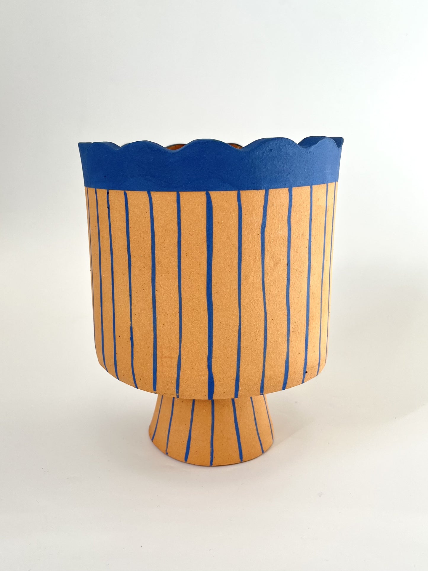 Scalloped Terracotta & Blue Vase/Planter