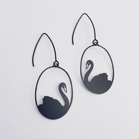 Mini Black Swan Dangle Earrings in Black