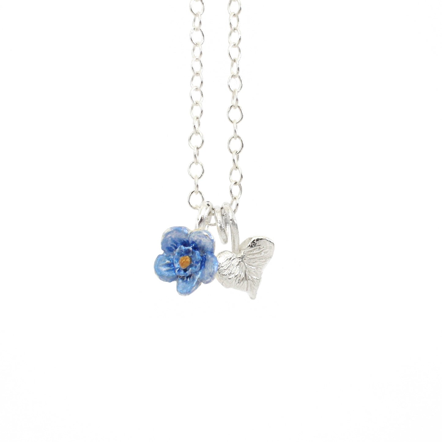 Sweetheart Forget Me Not Flower Necklace - Silver Heart)