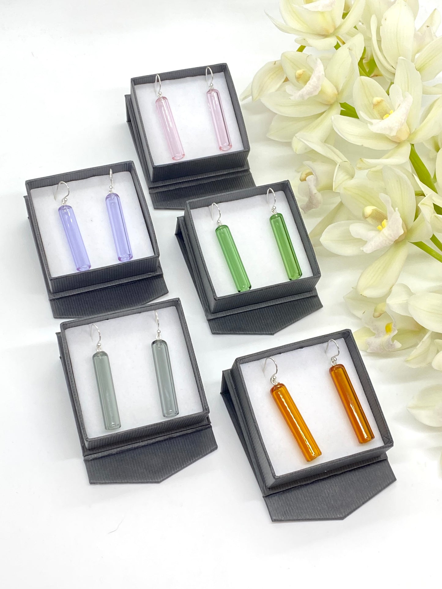 Glass Cylinder & Sterling Silver Earrings - Amber