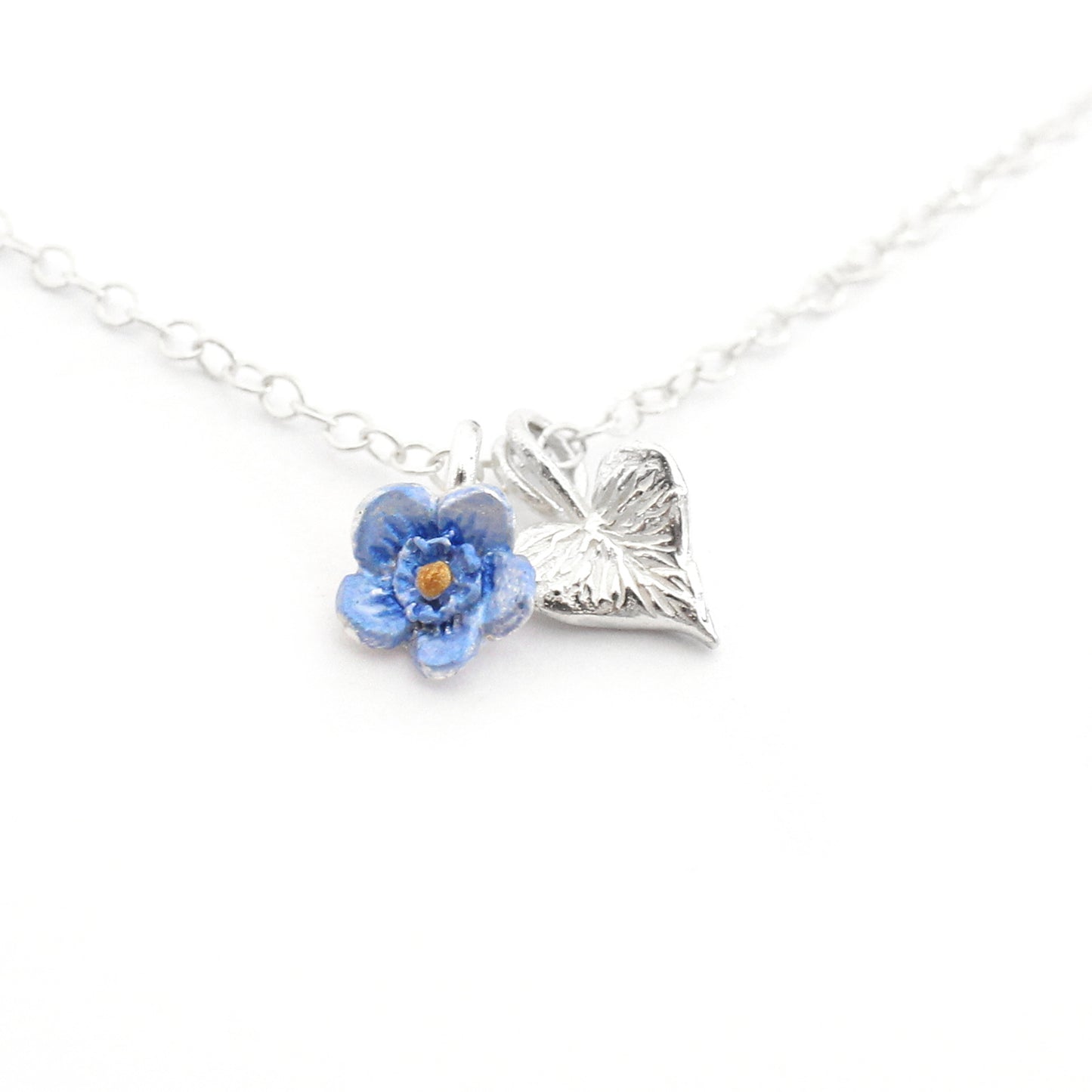 Sweetheart Forget Me Not Flower Necklace - Silver Heart)
