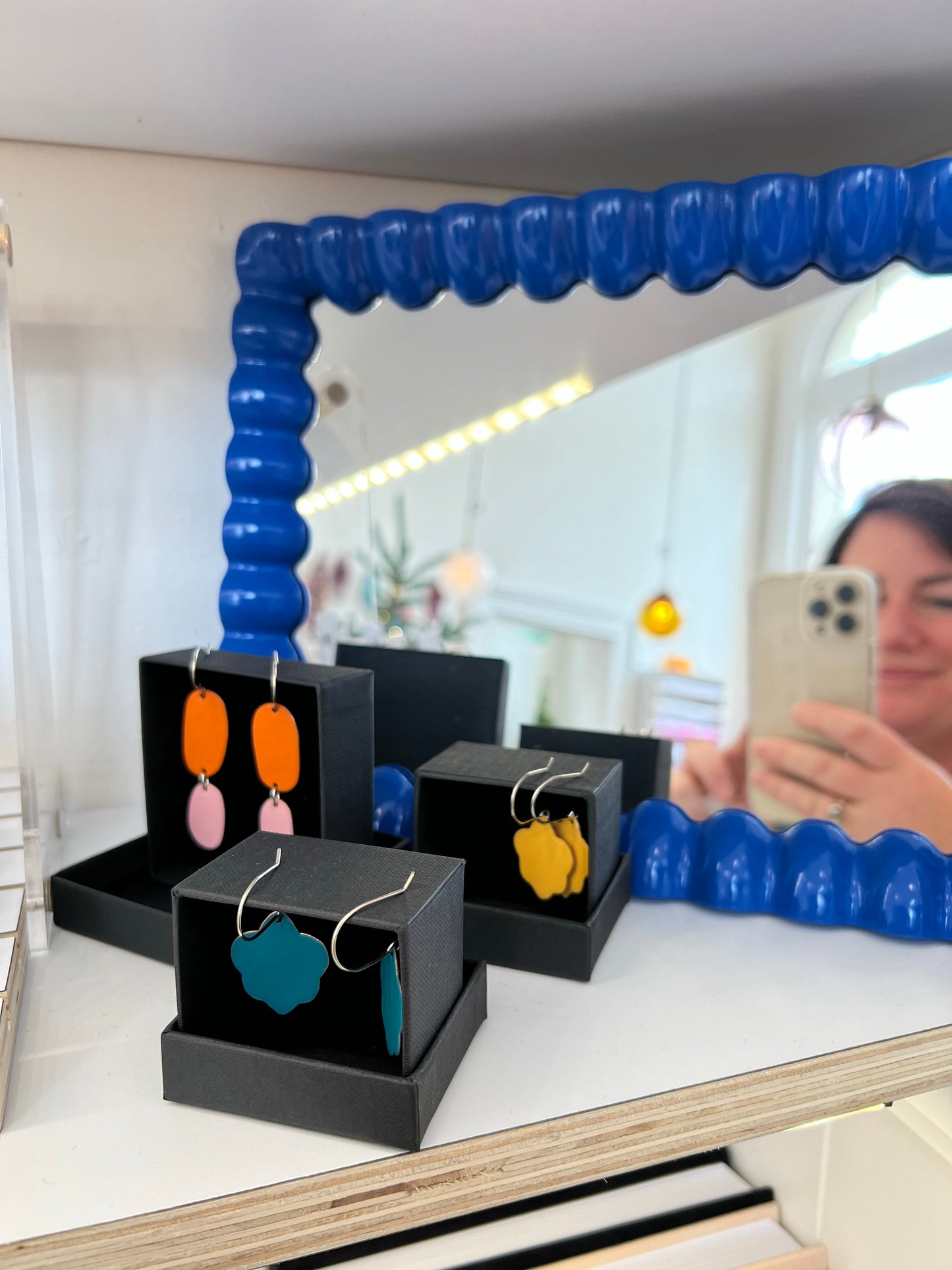 Handmade Macrocarpa Standing Mirror - Half-Resolution Blue