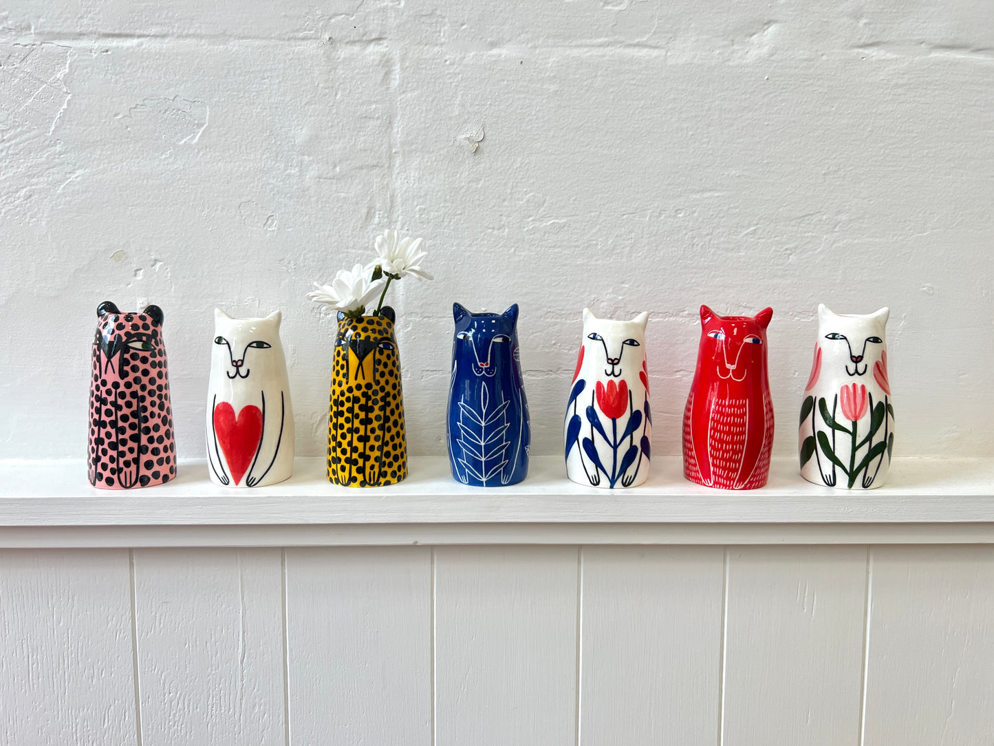 Mini Ceramic Happy Cat Vase by Studio Soph - Red Tulips, Blue Leaves