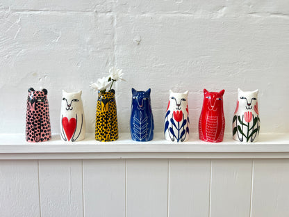 Mini Ceramic Happy Cat Vase by Studio Soph - Red Tulips, Blue Leaves