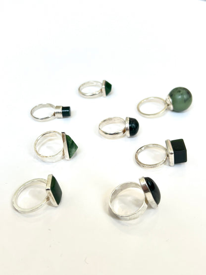 Long Triangle Facet Pounamu & Sterling Silver Texture Ring (RI-TR3)