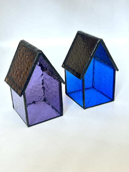 Stained Glass tea light House  - Dark Blue