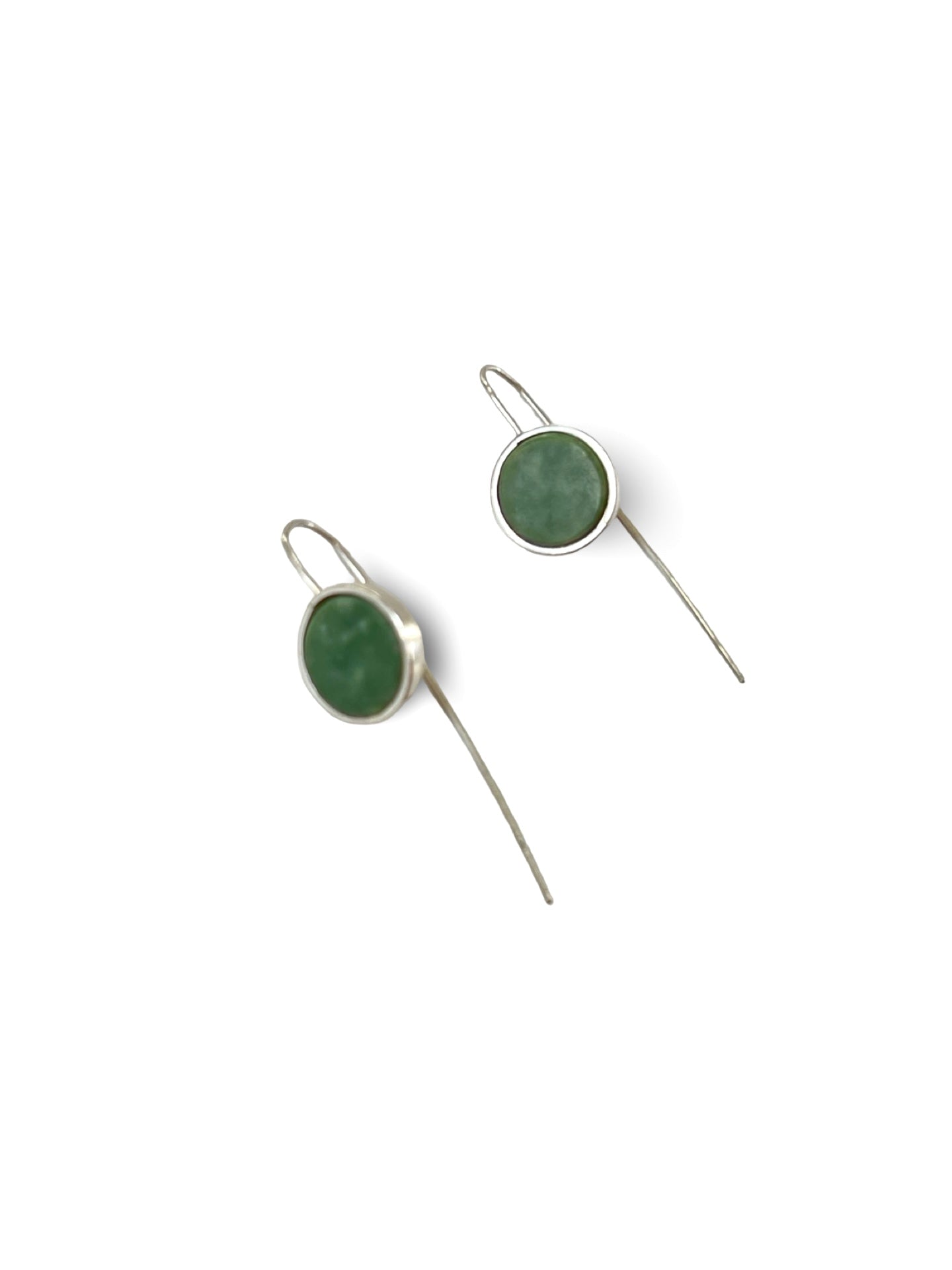 Small Disk Pounamu & Silver Earrings on Long Wire (EA-DI14)