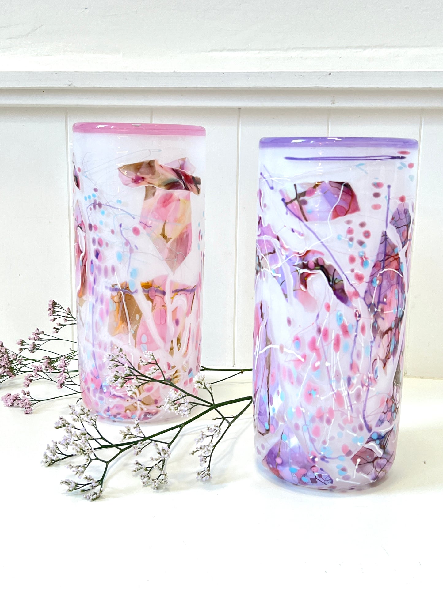 White with Violet Shard Handblown Glass Cylinder Vase - by Grinter Glass