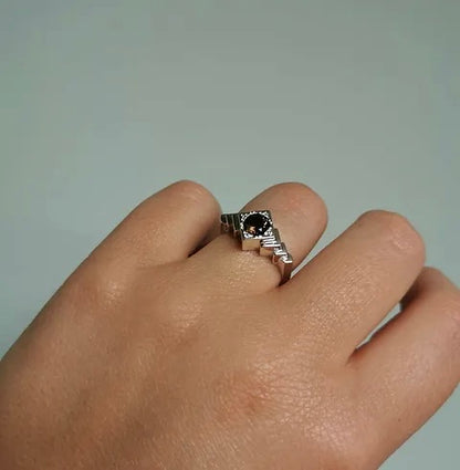 Temple Ring, Sterling Silver & Smokey Quartz: Size R 1/2