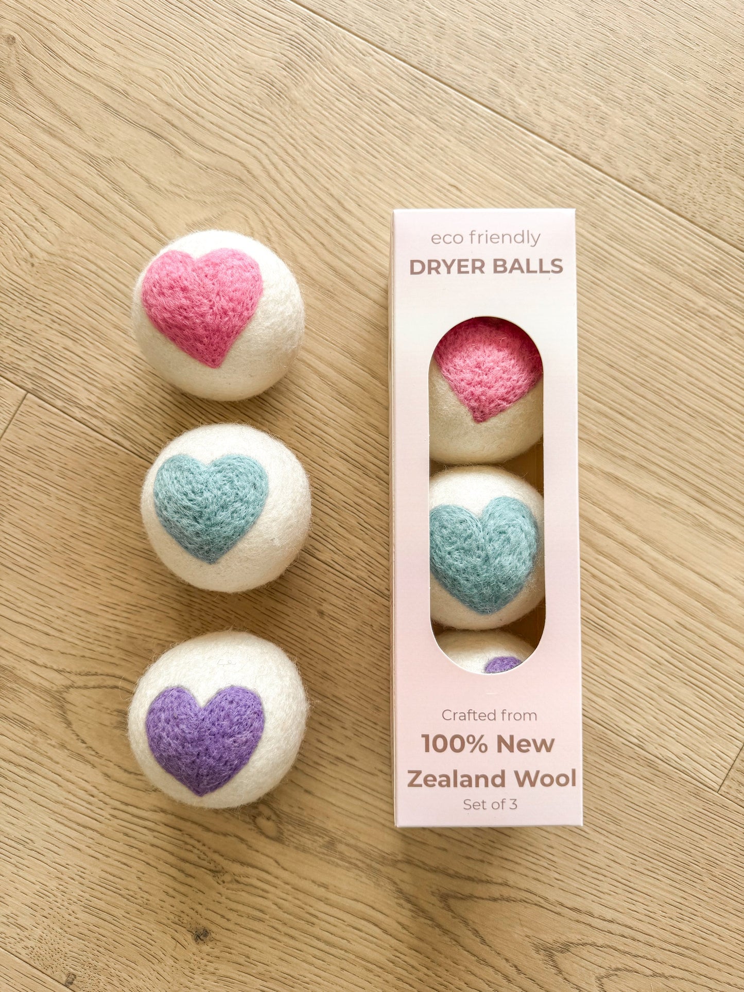 Hearts NZ Wool Dryer Balls -  set of 3